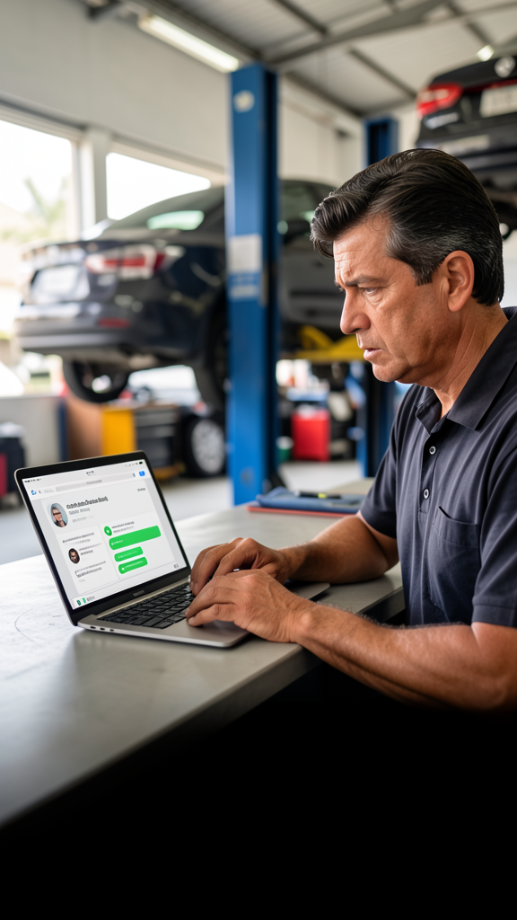Dono de oficina analisando orçamento no computador enquanto acompanha retornos de clientes